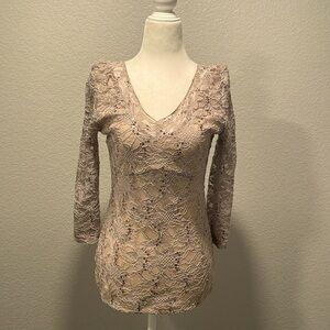 Boston Proper Top w gold threading, lace mesh fabric reflective copper sequins.